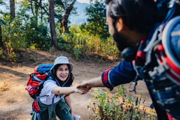 Woman Hike Being Pulled Helping Hand Hiker Friends Help Each — Stock Photo, Image