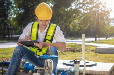Industrial engineer work on site. engineer visit and inspection site engineer at industrial site. Inspector engineer check and working on site