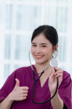 Portrait of woman healthcare worker. woman pharmacist with and stethoscope with her job in nursing home.	