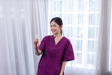 Portrait of woman healthcare worker. woman pharmacist with and stethoscope with her job in nursing home.	