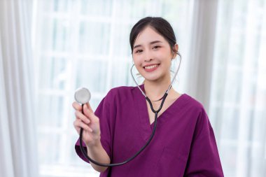 Portrait of woman healthcare worker. woman pharmacist with and stethoscope with her job in nursing home.	