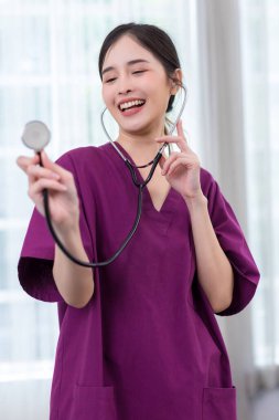 Portrait of woman healthcare worker. woman pharmacist with and stethoscope with her job in nursing home.	