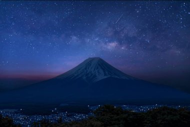 Japon ikonu Fuji Dağı gece ve evren uzayı ve Samanyolu Galaksisi gece gökyüzü arka planında yıldızlarla.