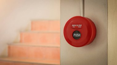 Fire alarm on the wall. Emergency of Fire alarm or alert or bell warning equipment. Fire alarm box on cement wall for warning and security system in the condominium place.	