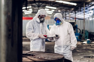 Scientist wear Chemical protection suit check danger chemical, working at dangerous zone in Red and White Lines of barrier tape. Red and white Hazardous restricted area factory safety worker industry clipart