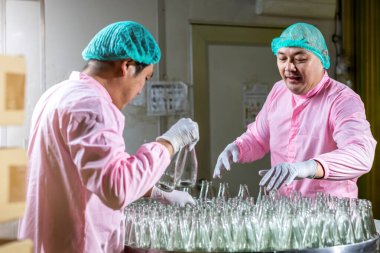 Worker Checking quality or checking stock of glass bottle in beverage factory. Worker QC working in a drink water factory 