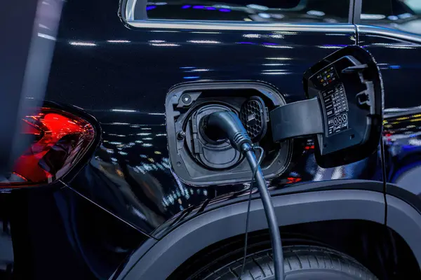 Elektrikli araba şarj istasyonu. Otoparktaki hibrit araba elektrik şarj istasyonu. Elektrikli araba park ve şarj istasyonunda şarj oluyor. Elektrik prizi. Ulaşım EV