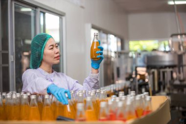 Worker Checking quality or checking stock of glass bottle in beverage factory. Worker QC working in a drink water factory 