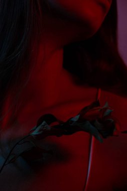 Genç ve güzel bir kadının çıplak boyun omzu ve köprücük kemiği. Uzun saçlı. Doğal güzellik konsepti. Kişisel bakım konsepti. Kendin ve vücudun için sevgi. 