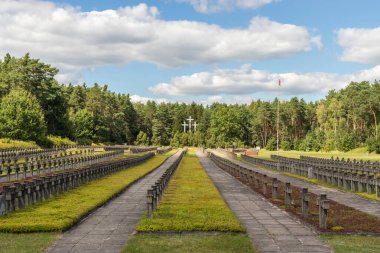 Varşova ve Mazovia 'nın 2. Dünya Savaşı kurbanları için Polonya' nın Mazovia kentinde bulunan Kampinoski Milli Parkı 'ndaki Palmiry savaş mezarlığının panoramik manzarası