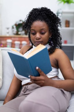 Bir üniversite öğrencisi kitap okurken ders çalışır. Siyah ve kıvırcık saçlı esmer bir kız kanepede oturur. Noel süslemesi.