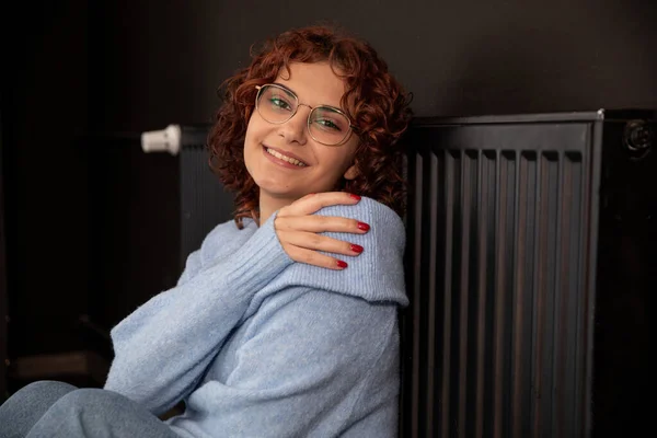 Satisfied Girl Warming Hot Radiator Efficient Central Heating Home Winter — Stock Photo, Image