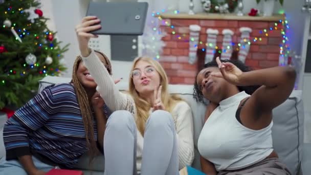 アフリカの女性と1人のヨーロッパの女性が家族全員のためにビデオ自撮りをします 国際クリスマス 笑顔と幸せな女の子 — ストック動画