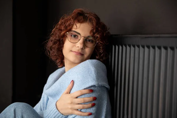 Girl Blue Thick Sweater Sits Radiator Poorly Working Central Heating — Stock Photo, Image