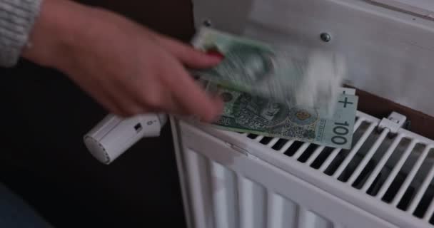 Womans Hand Places Banknotes Top Radiator Large Denominations Banknotes Price — Stock Video