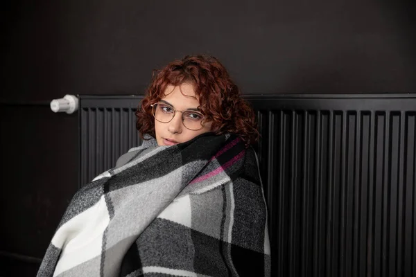 Girl Imposed Scarf Leans Her Back Radiator Attractive Woman Freezing — Stock Photo, Image