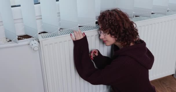 Poorly Functioning Central Heating Extremely Cold Winter Season Girl Sits — Stock Video