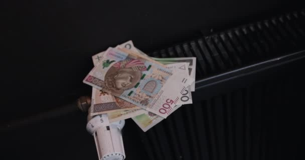 Проблемы Оплатой Больших Цен Центральное Отопление Крупные Банкноты Укладываемые Радиатор — стоковое видео
