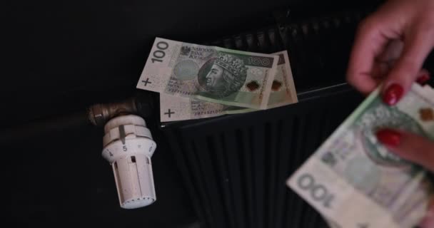 Isıtma Enerji Şarjlarını Arttır Banknotlar Radyatörün Üzerine Bırakıldı Isıtma Harcamalarına — Stok video