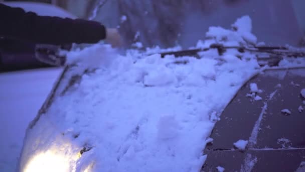 冬天早上的家务活 在开始工作之前 从客车的车篷上飘雪 汽车上的一层雪 — 图库视频影像