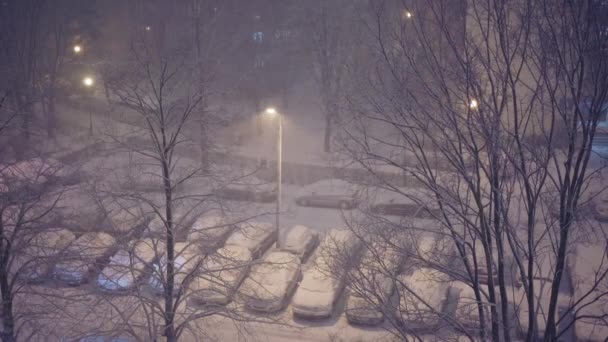 Thick Snow Falling Residential Parking Lot City Aerial View Snow — Stockvideo