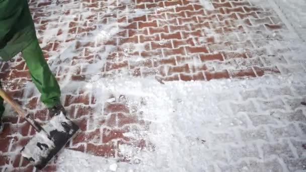 Host Property Clears Snow Paving Stones Steady Motion Winter Duties — Stock video