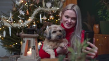 A dog and an attractive woman record a new episode of a Christmas video blog. She sends greetings and Christmas wishes to the whole family.
