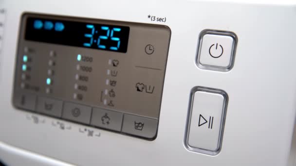Presses Button Turn Washing Machine Power Supply Presses Wash Program — Αρχείο Βίντεο
