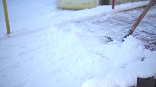 Removing Layer Snow City Sidewalks Residential Area Heavy Physical Work — Vídeo de Stock