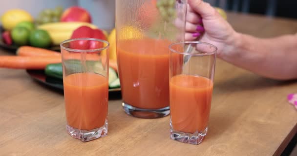 Womans Hand Holding Pitcher Orange Juice Ear Healthy Juice Poured — Vídeos de Stock