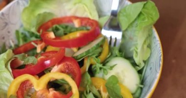 Close up of a salad prepared with red bell peppers, cucumber, lettuce and yellow bell peppers served in a deep, bowl with a fork in the center. Bowl with print pattern on inner walls