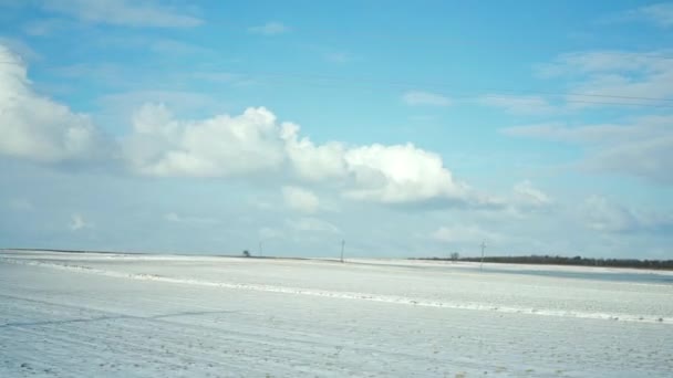 Зимовий Пейзаж Орних Полів Сніг Лежить Вид Автомобіля Рухається Білі — стокове відео