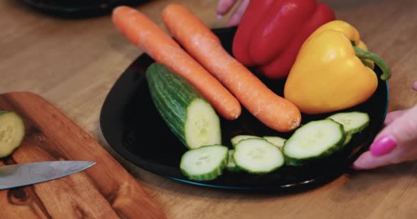 女性の手の食品のプレートを保持する ニンジン ピーマン キュウリで構成されるベジタリアン料理 最高の食材で自宅で健康的な食事を準備する — ストック動画