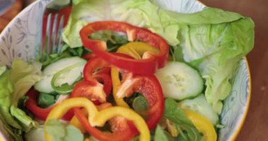 Close up of a salad prepared with red bell peppers, cucumber, lettuce and yellow bell peppers served in a deep, bowl with a fork in the center. Bowl with print pattern on inner walls