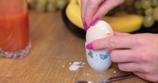 Woman Peels Boiled Egg Its Shell Large Close Her Hands — 图库视频影像