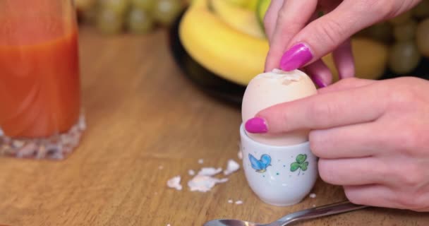 Woman Peels Boiled Egg Its Shell Large Close Her Hands — Vídeo de Stock