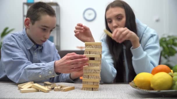 兄弟姉妹は次のゲームに使用される背の高い塔にブロックを積み込みます 木製のブロックで情熱的なゲームと楽しみ — ストック動画