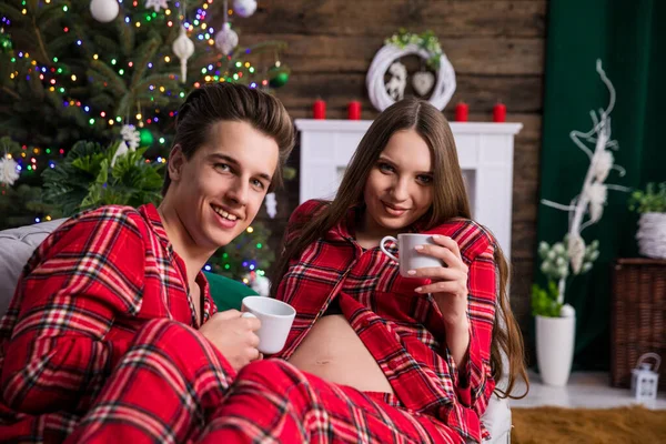 A woman with an exposed pregnancy belly and her partner sit on a gray couch against a backdrop of a Christmas tree and holiday decorations. The couple looks ahead toward the lens. The individuals are