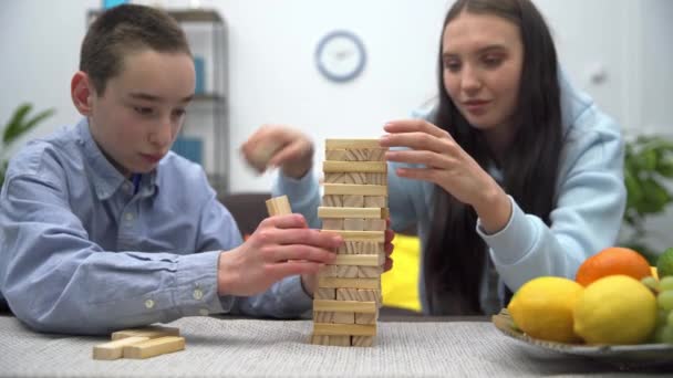 Brother Sister Stack Blocks Tall Tower Used Next Game Passionate — Wideo stockowe