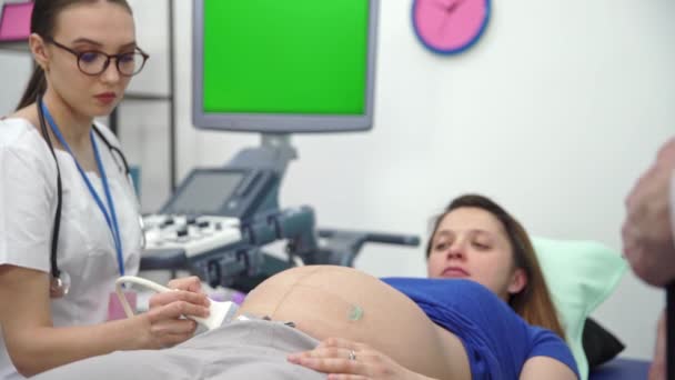 Läkare Kontoret Sköter Ultraljudsmaskinernas Huvud Gravid Kvinna Ligger Säng Ultraljudsplatta — Stockvideo