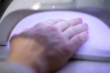 Bir kadının elinin yakın çekimi. Bir kadın, ultraviyole ışık yayan bir lambanın içinde elini tutar. Melez metodu kullanarak manikür yapmak. Güzellik salonunun hizmetlerini kullanarak..