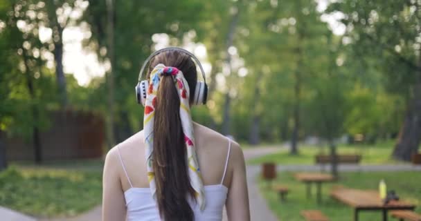 Close Back Girl Wearing Ponytail Tied Scarf Girl Walking Park — Stock Video
