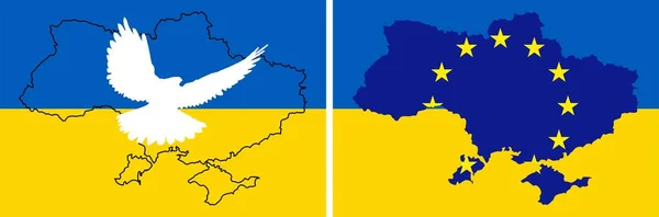 以乌克兰国旗的国家颜色为背景的乌克兰平面图 刻有欧洲联盟旗帜的乌克兰地图纲要 — 图库照片