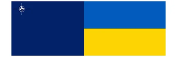 把两面旗帜合二为一 北约联盟的旗帜和图形标识以及乌克兰的国旗和图形标识 — 图库照片