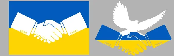 Drawn handshake and flying dove against the colors of the flag of Ukraine. A country in the east of Europe.