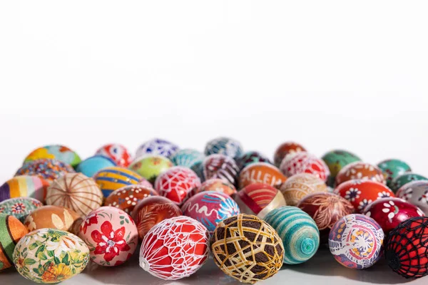 Easter Eggs Made Different Technologies Arranged White Background Rather Random — Foto de Stock