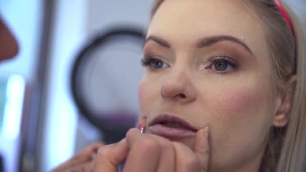 Die Kosmetikerin Stützt Ihre Hand Auf Das Kinn Ihrer Klientin — Stockvideo