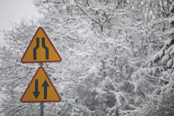 Two Red Yellow Triangle Shaped Road Signs Visible Foreground Snow — Stock Photo, Image