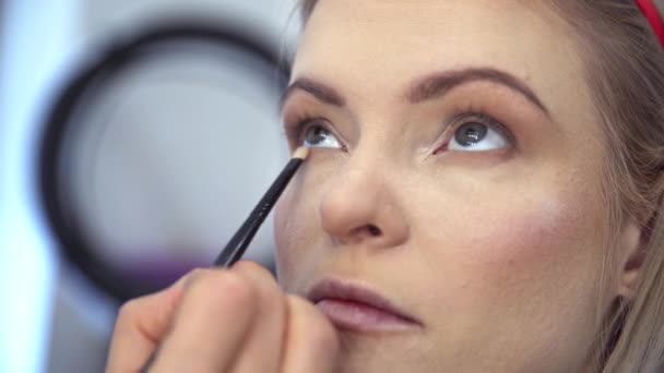 Uma Mulher Usar Serviços Salão Beleza Maquiagem Aplicada Por Artista — Vídeo de Stock