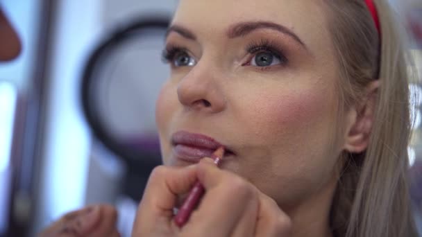 用粉红的唇膏涂在嘴唇上 在一位年轻女性的面部特写使用化妆师的服务 美容师把她的手放在顾客的下巴上 画她的嘴唇 — 图库视频影像